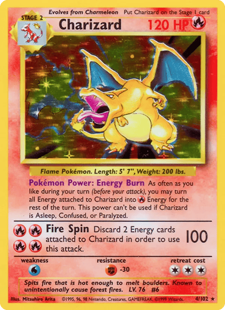 Lamacards Charizard Pokémon Karte mit Feuer-Attacke, ideal für Sammler und Spielstrategien.