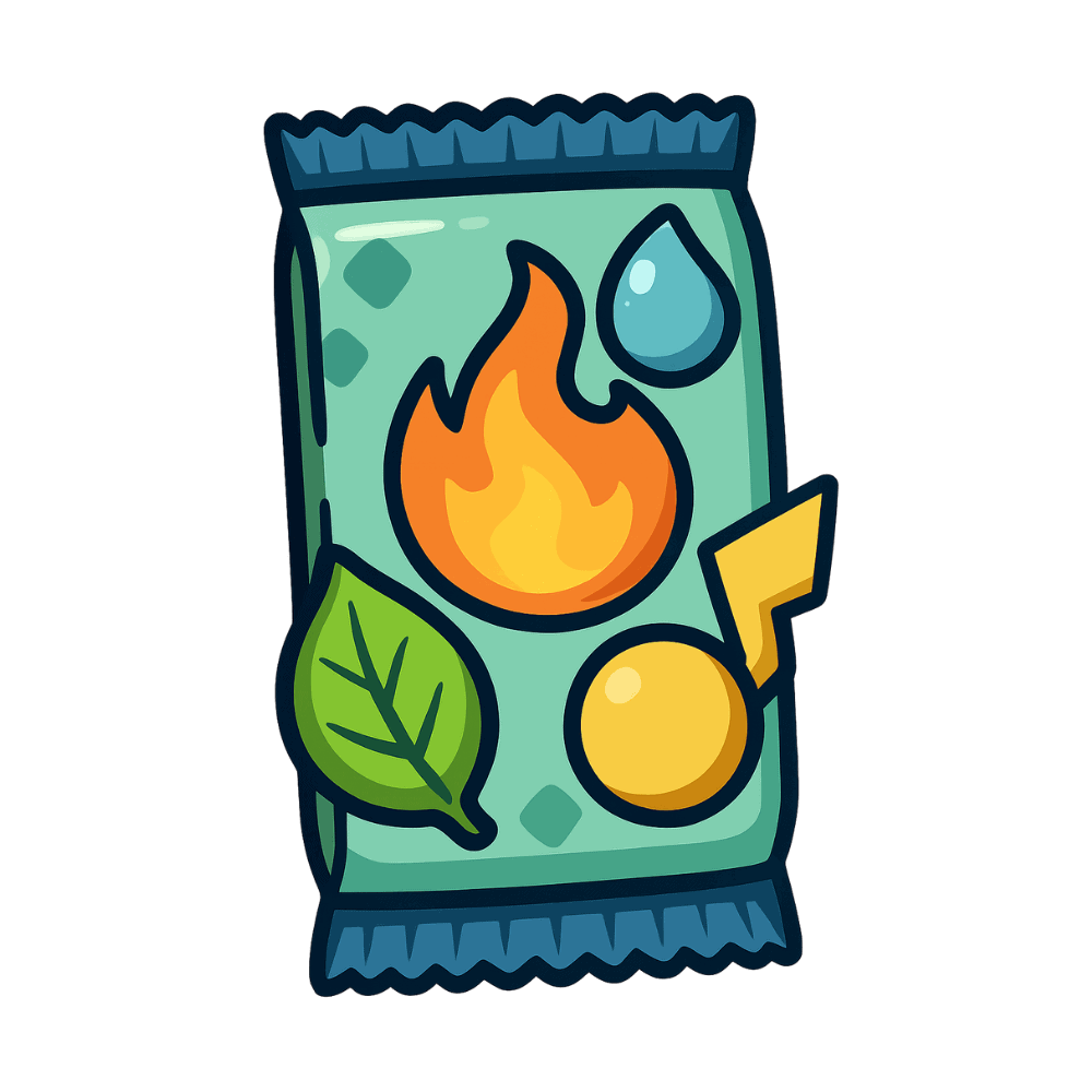 Bunte Karte mit Feuer, Wasser, Blatt und Blitz Motiven, symbolisiert Natur und Elemente.