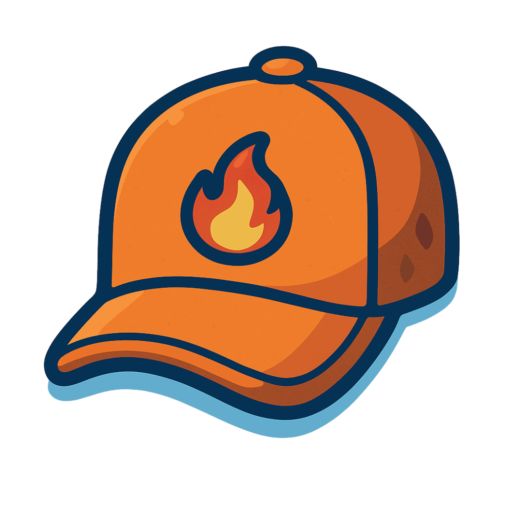 Feuer-Logo auf einer orangem Baseballkappe, symbolisiert Energie und Leidenschaft.