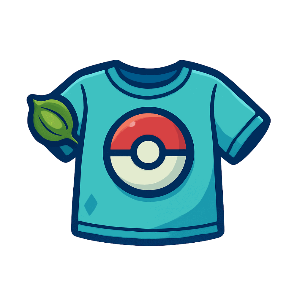Pokémon T-Shirt mit Pokéball-Design und Blatt-Detail, ideal für Fans der Pokémon-Welt.