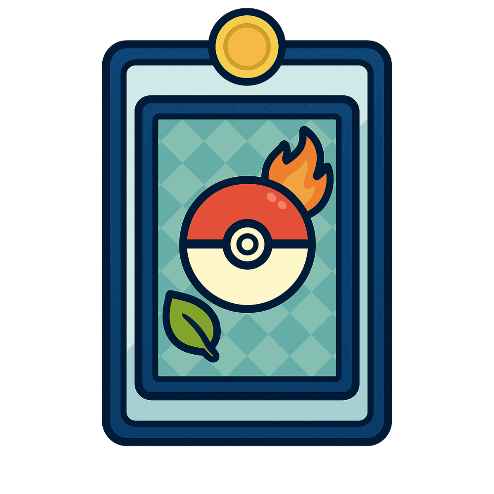 Pokémon Lamacard mit Feuer, Blatt und Pokéball auf digitaler Karte.