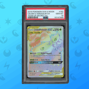 Laminiertes Pokémon Sun & Moon Celebi & Venusaur GX Karte im Schaukasten.