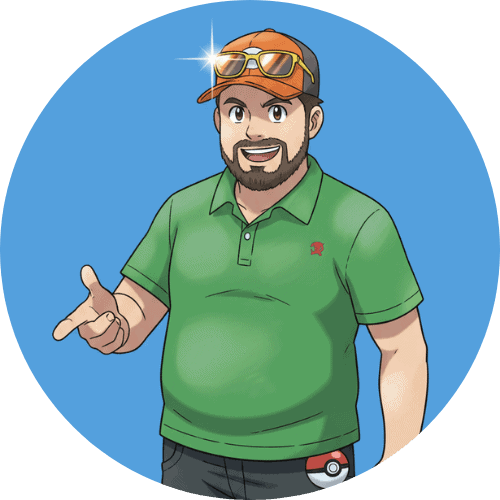 Lamacards-Pokémon-Charakter mit grüner Jacke und Sonnenbrille auf blauer Hintergrund.
