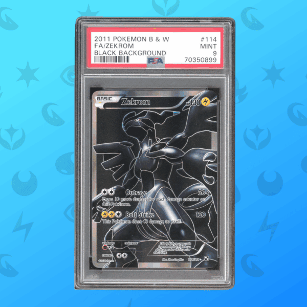 Starkes Pokémon Zekrom aus der Schwarz-Background-Edition, PSA 9 bewertet, wunderschönes Sammelkarten-Design.