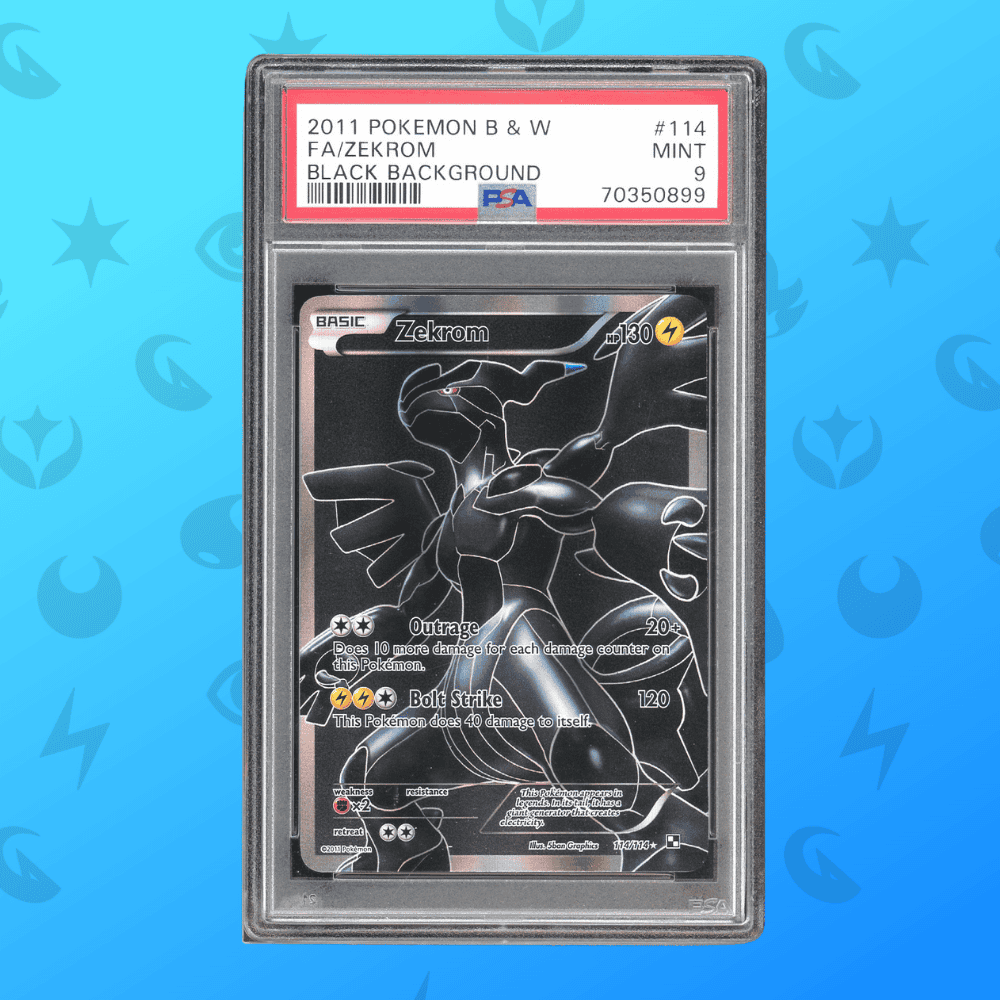 Starkes Pokémon Zekrom aus der Schwarz-Background-Edition, PSA 9 bewertet, wunderschönes Sammelkarten-Design.